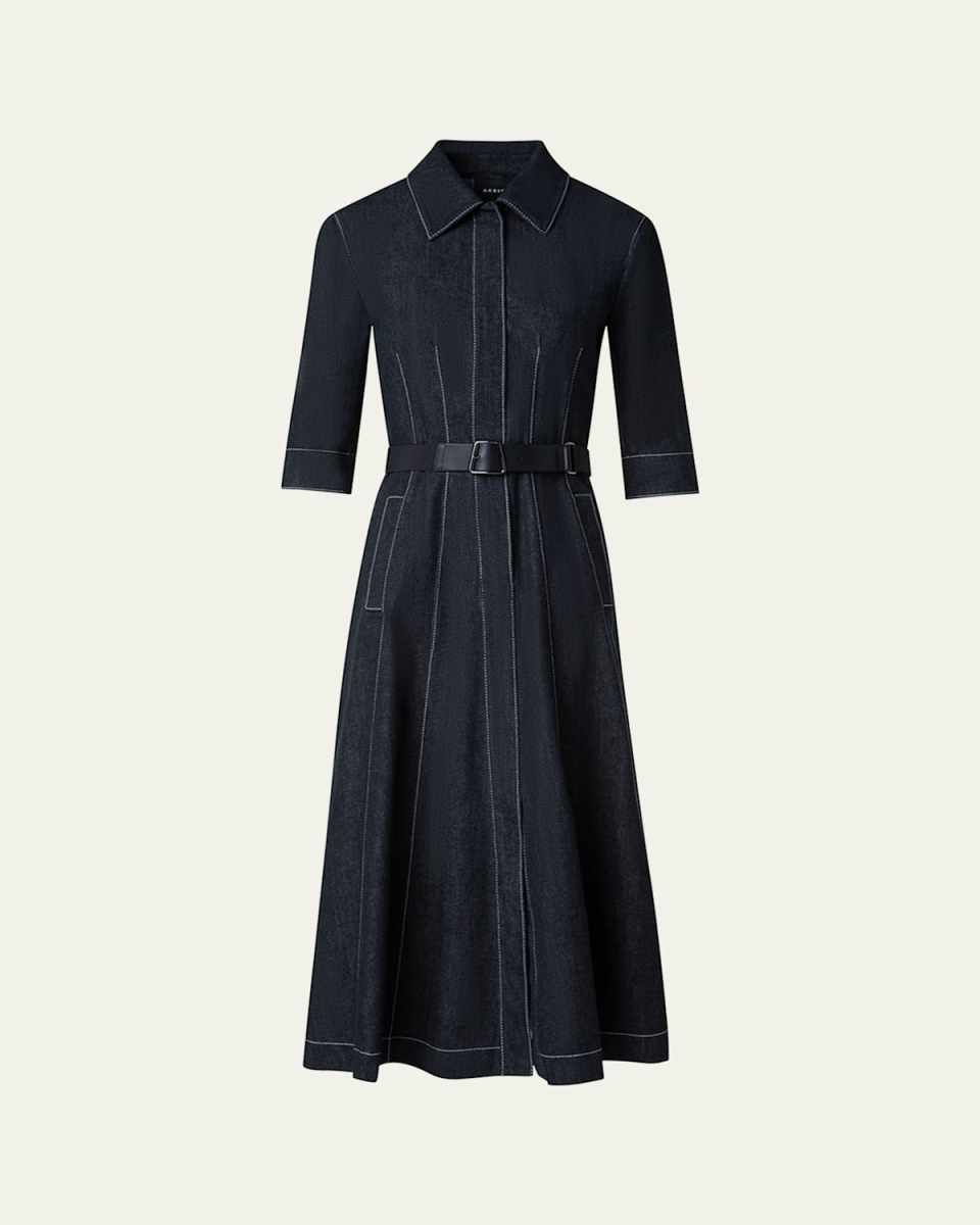 Belted Cotton Denim Midi Dress with Contrast Stitching